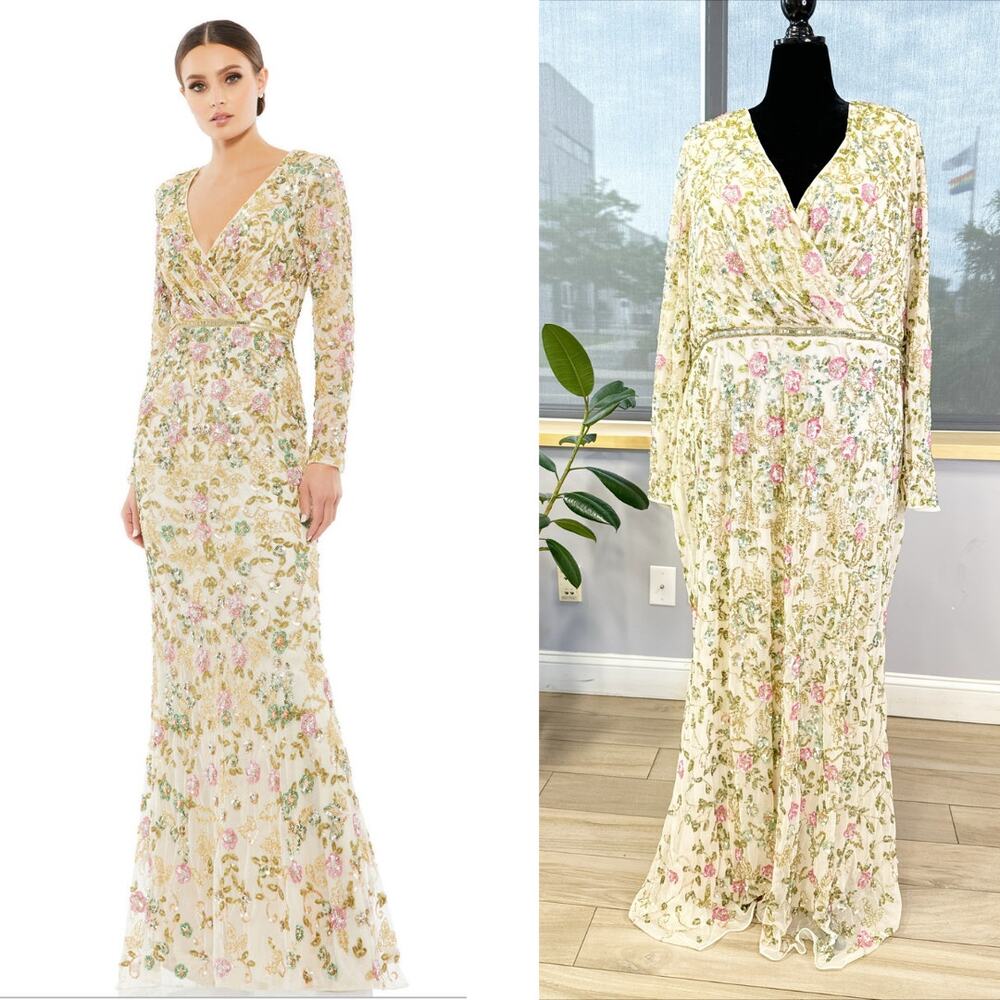 Mac Duggal 5503 Long Sleeve Floral Embellished Gown NWT Nude Multi Size 22